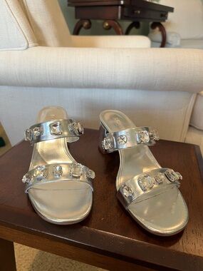 J. Crew Silver Jewel-Embellished Slide Sandals NWOT